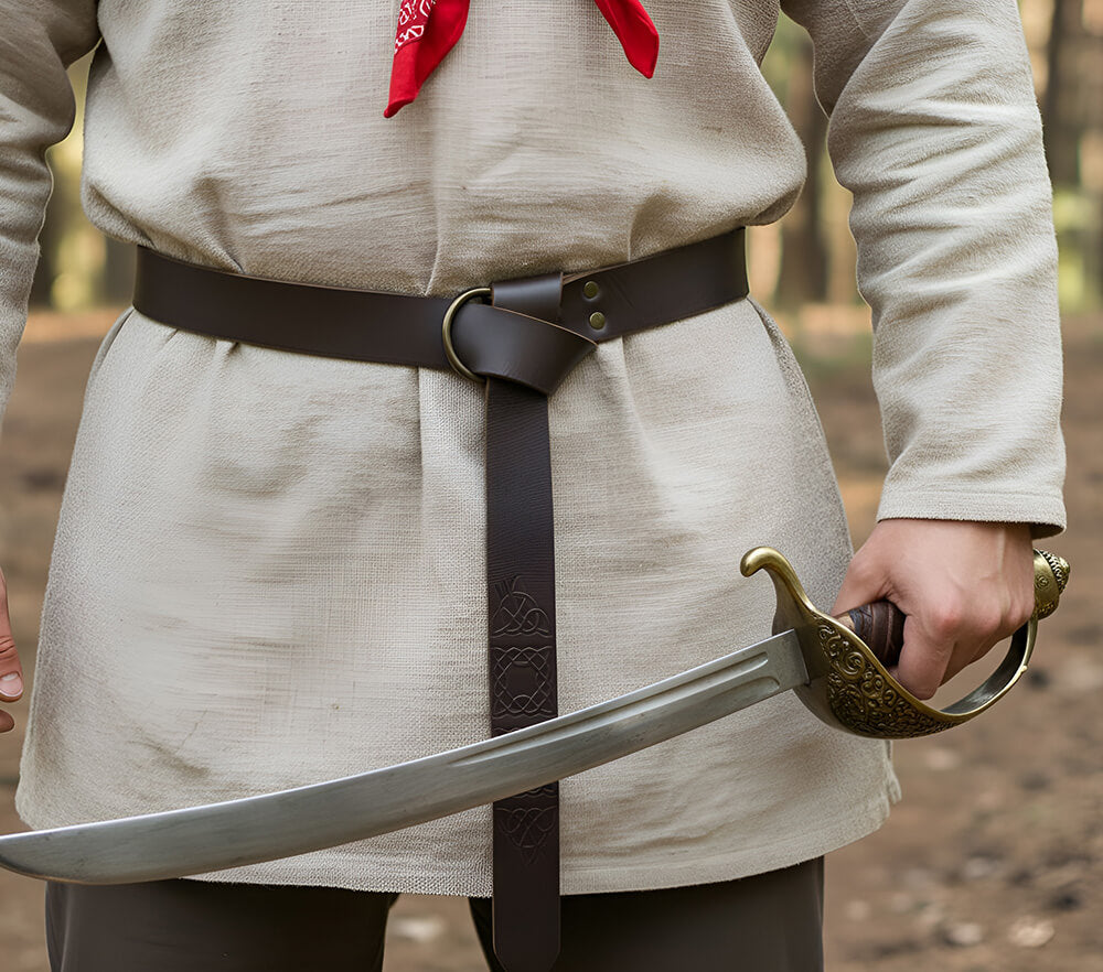 Pirate wearing a thick brown leather pirate belt with ring loop and knot, holding a sword.