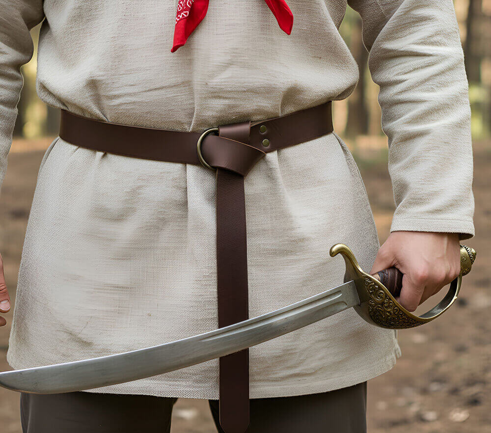 Pirate wearing a thick brown leather pirate belt with ring loop and knot, holding a sword.