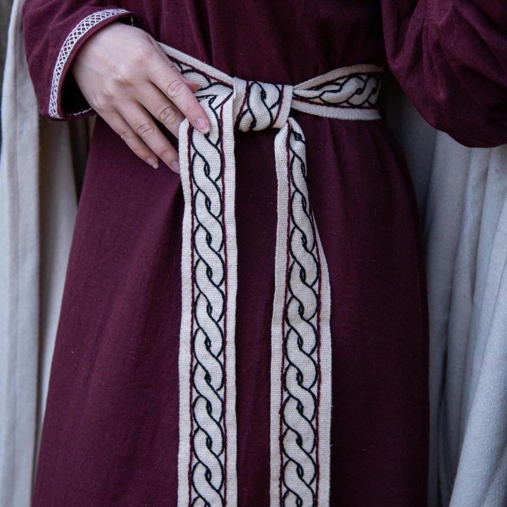 Pirate tie belt for ladies' dresses, red cotton with an intricate black and white braided design.