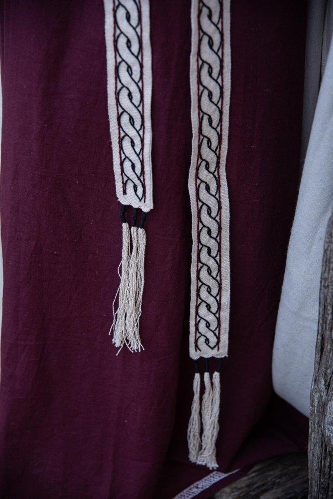 Pirate tie belt, red cotton with woven cream and black trim, 2-inch wide, 92.5-inch long.