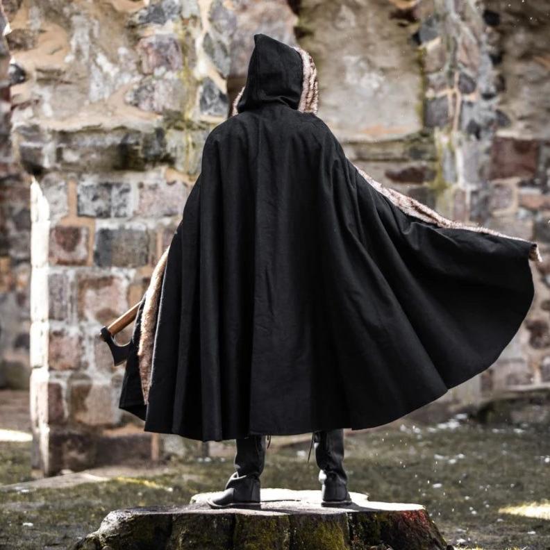 Black Hooded Viking Cloak | Brown Faux Fur Trim-12-Viking Warrior