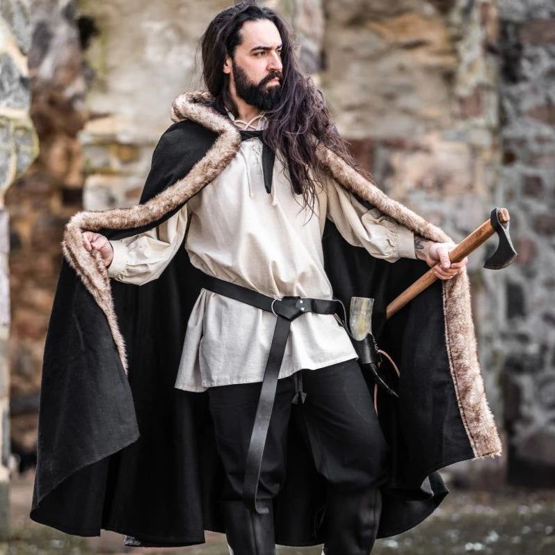 Black Hooded Viking Cloak or Cape With Faux Fur For Men