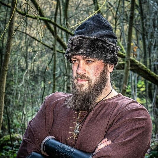 Black cotton pirate cap with fur trim band and dome shape
