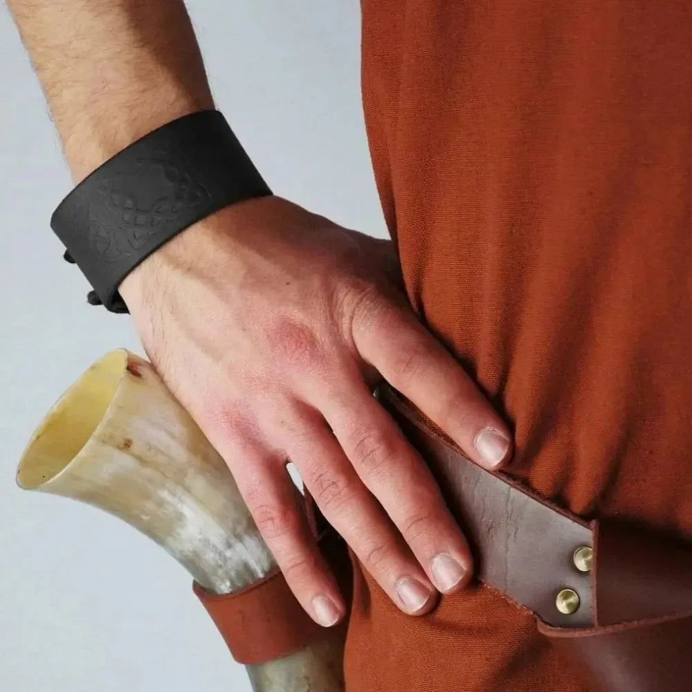 Black embossed leather cuff bracelet for Pirate costume wear