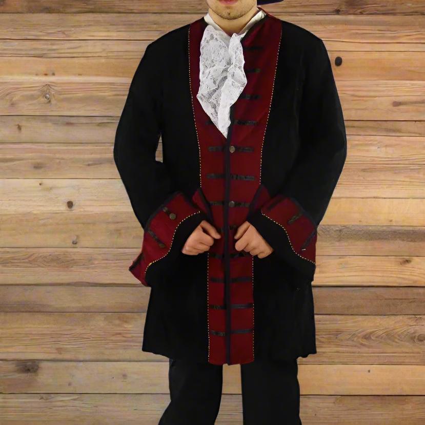 Black with Red Trim Long Velvet Frock Coat | Wide Rolled Sleeves-1-Viking Warrior