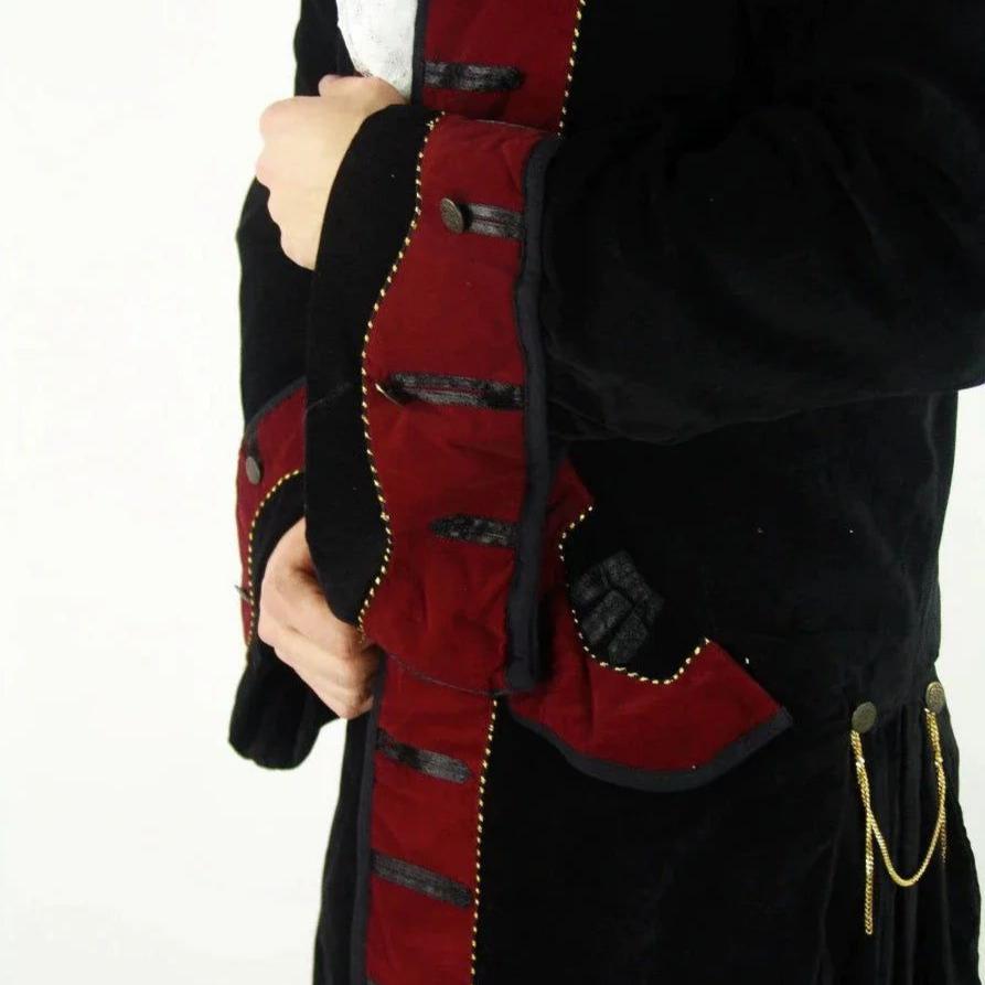 Black with Red Trim Long Velvet Frock Coat | Wide Rolled Sleeves-2-Viking Warrior