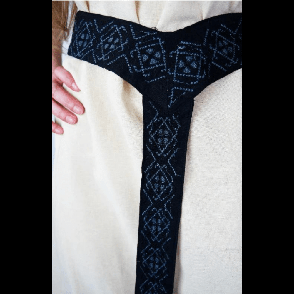 Blue embroidered cotton Pirate sash belt worn with Pirate garb