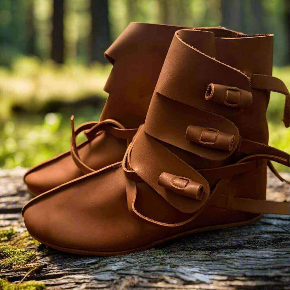Handmade brown leather Pirate ankle boots with wrap-around ankle ties on a mossy log in a forest clearing