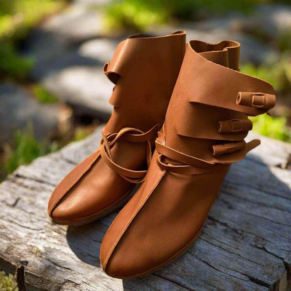 Brown leather Pirate ankle boot showing the four leather ankle ties