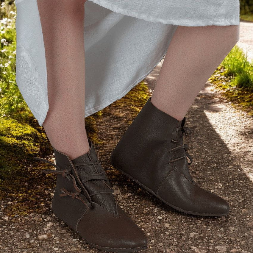 Brown leather Pirate ankle boots with four leather ankle ties and flat leather soles