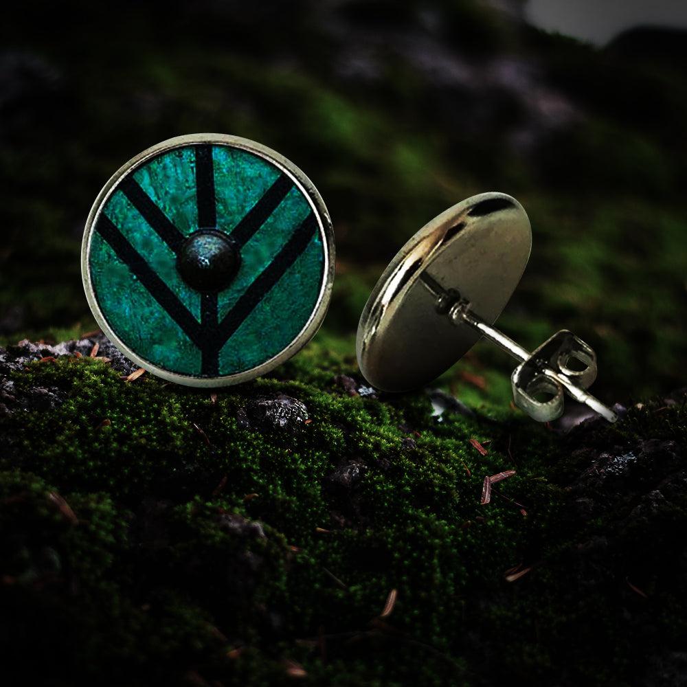 Compass Viking Shield Glass Stud Earrings-Pirate Clothing Store