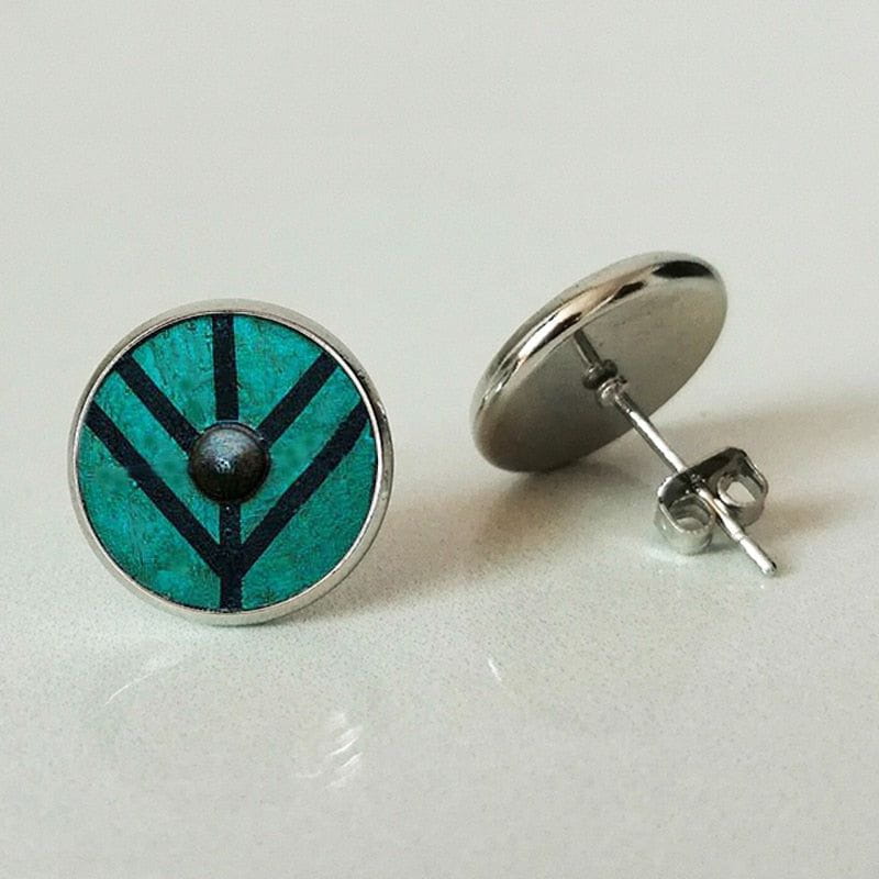 Compass Viking Shield Glass Stud Earrings-Pirate Clothing Store
