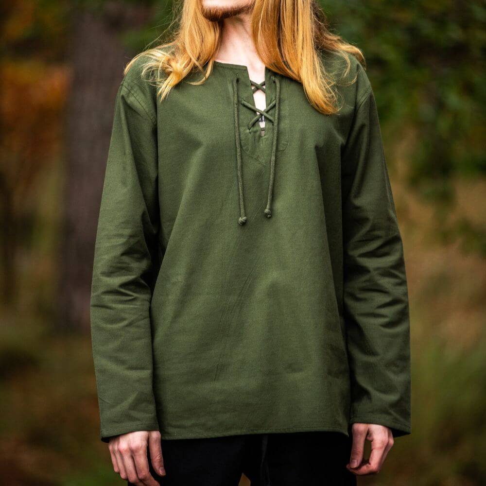 Green cotton Pirate tunic with long sleeves and lace-up collar, alternate view