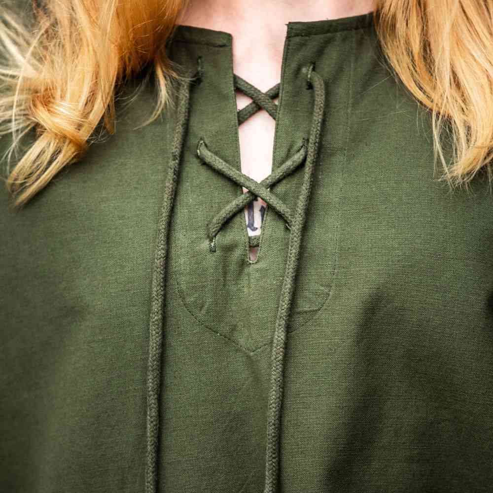 Green cotton Pirate tunic showing the lace-up collar and sleeve detail