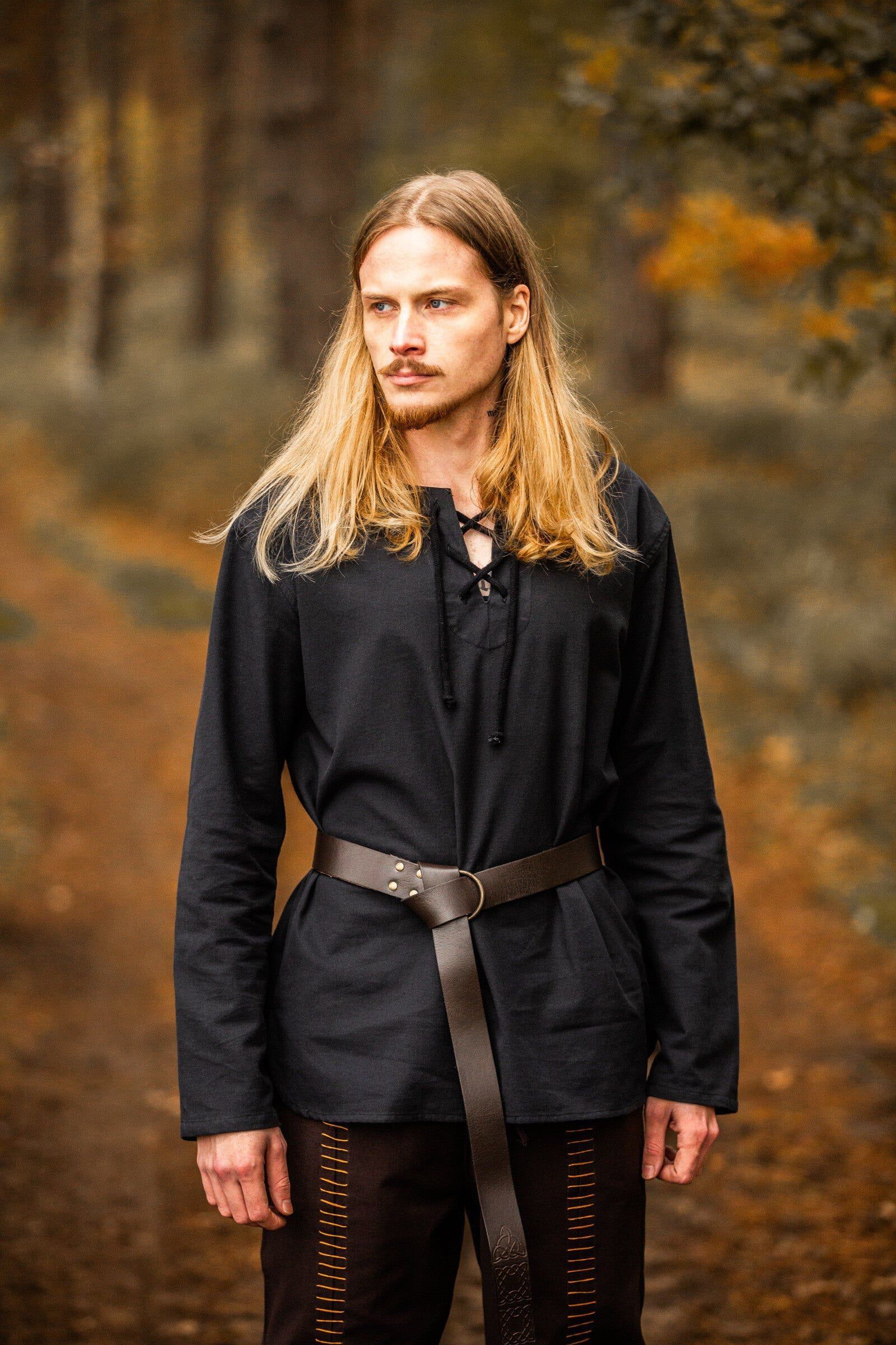 Black Cotton Pirate Shirt | Long Sleeves, Lace-Up Collar