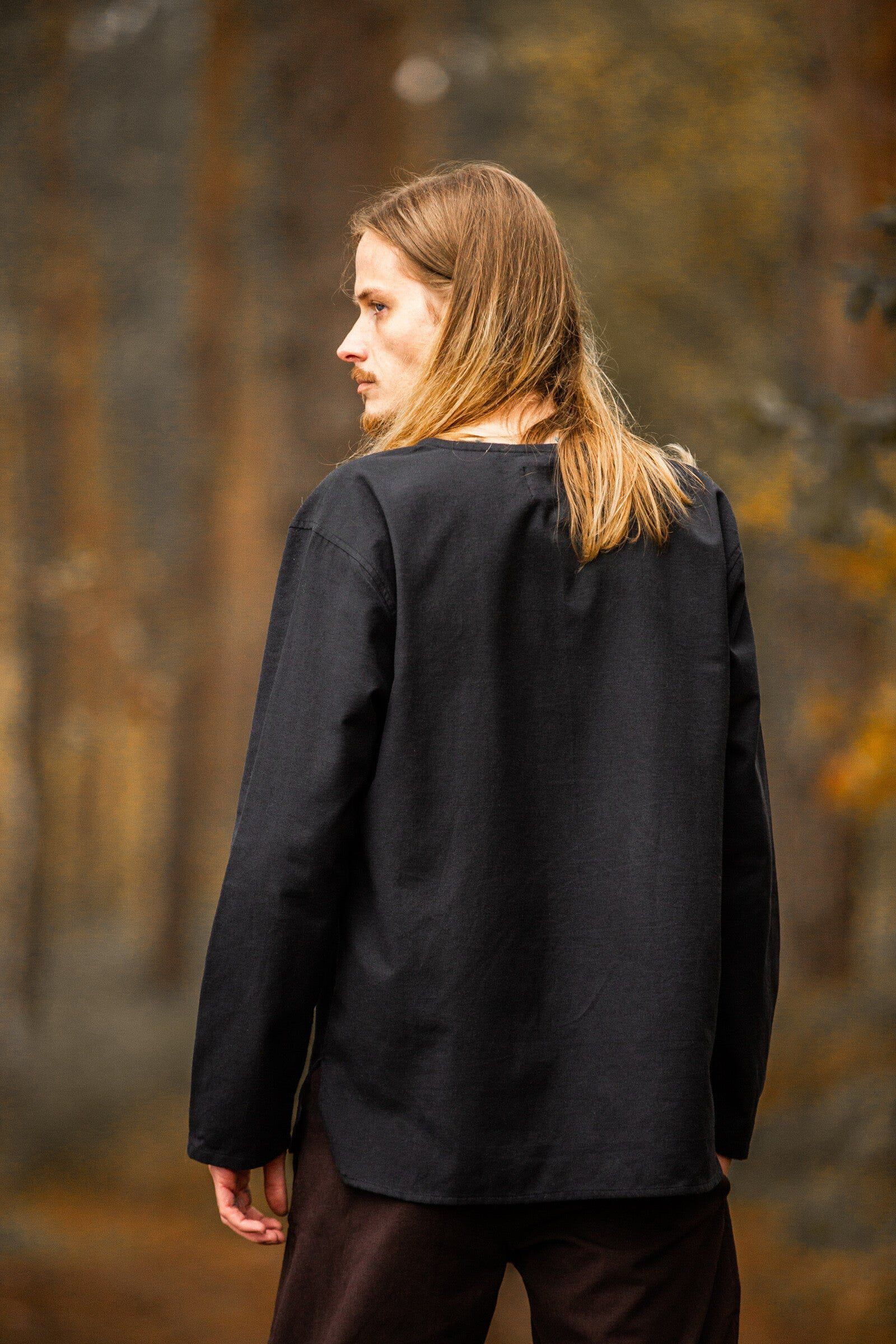 Black Cotton Pirate Shirt | Long Sleeves, Lace-Up Collar