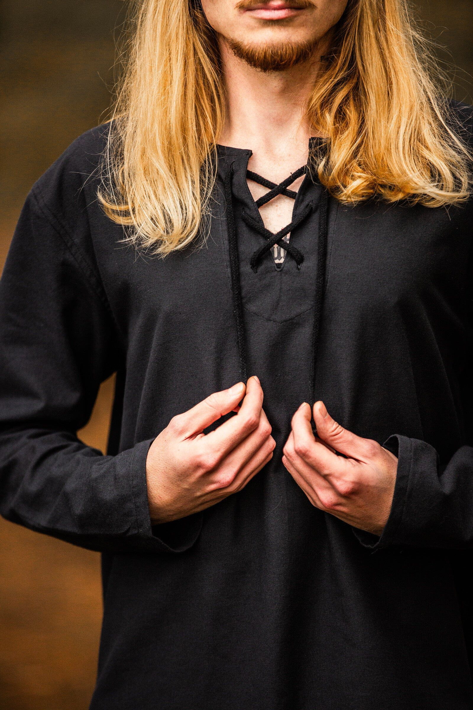 Black Cotton Pirate Shirt | Long Sleeves, Lace-Up Collar