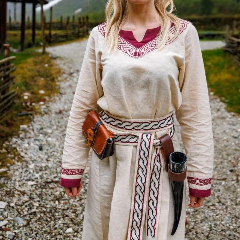 Natural Pirate ladies dress with red trim, full-length view