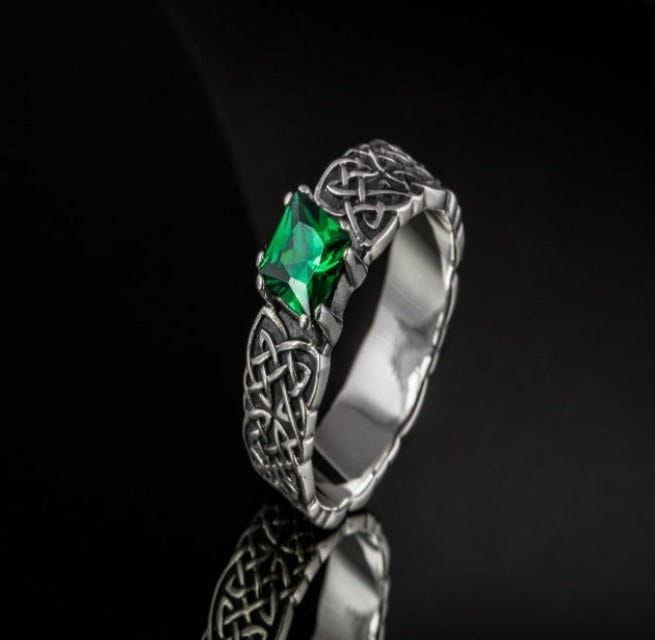 Handcrafted Sterling Silver Ornament Pirate Ring | Green Cubic Zirconia-Pirate Clothing Store