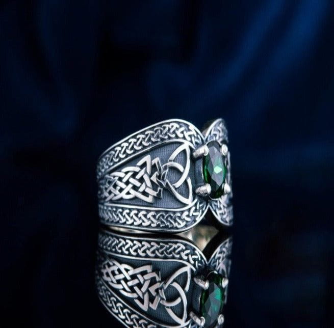 Sterling Silver Norse-Inspired Pirate Ring | Green Cubic Zirconia-Pirate Clothing Store