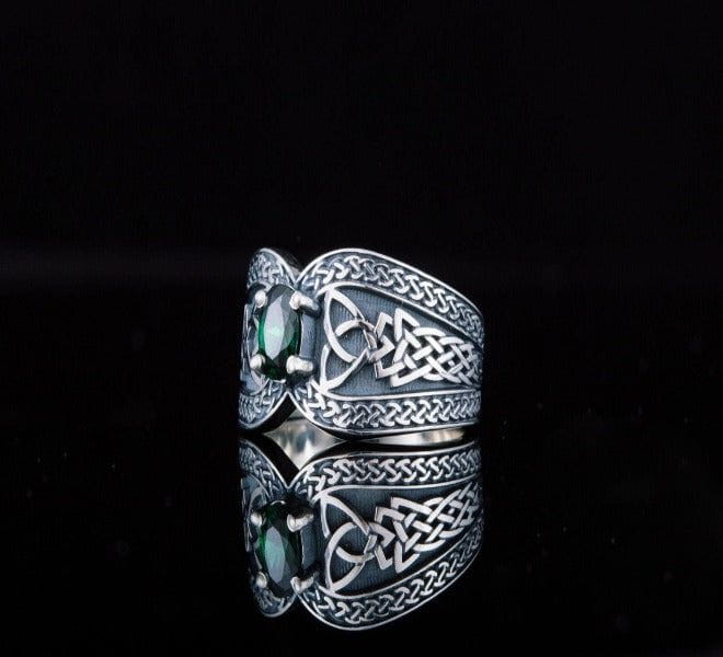 Sterling Silver Norse-Inspired Pirate Ring | Green Cubic Zirconia-Pirate Clothing Store