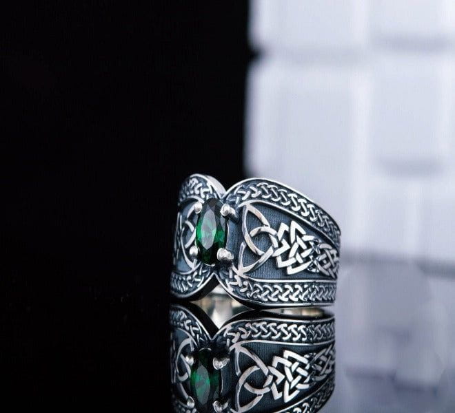 Sterling Silver Norse-Inspired Pirate Ring | Green Cubic Zirconia-Pirate Clothing Store
