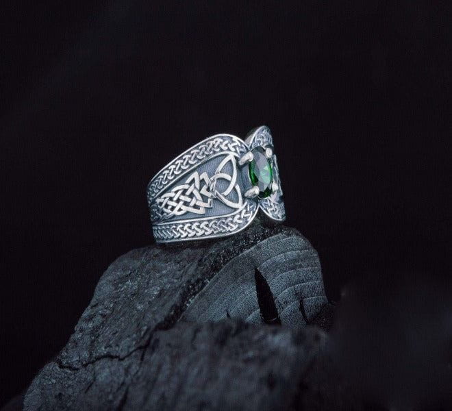 Sterling Silver Norse-Inspired Pirate Ring | Green Cubic Zirconia-Pirate Clothing Store