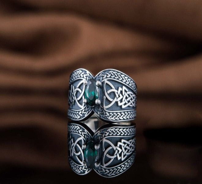 Sterling Silver Norse-Inspired Pirate Ring | Green Cubic Zirconia-Pirate Clothing Store