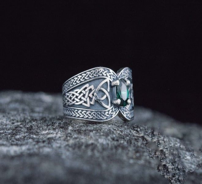 Sterling Silver Norse-Inspired Pirate Ring | Green Cubic Zirconia-Pirate Clothing Store