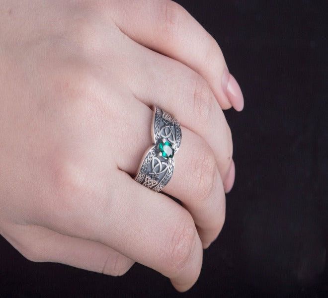 Sterling Silver Norse-Inspired Pirate Ring | Green Cubic Zirconia-Pirate Clothing Store
