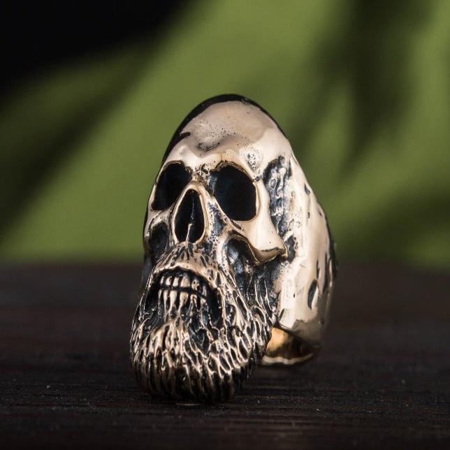 Bronze Pirate ring shaped as a bearded skull with a braided beard