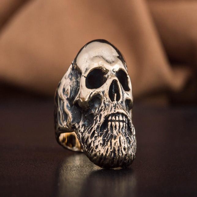 Pirate Bearded Skull Bronze Ring | Braided Beard Detail