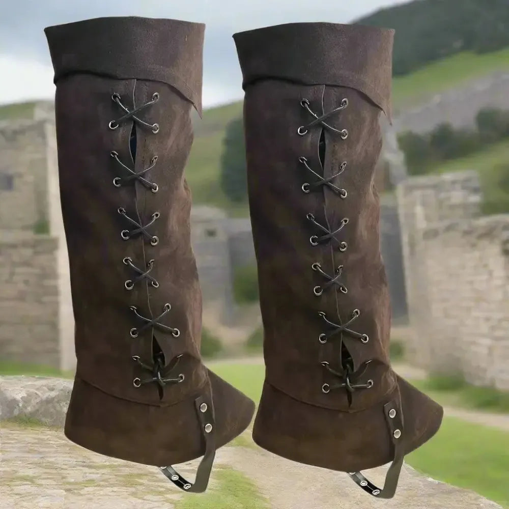 Lace-up Pirate boot covers shown from knee to ankle hiding modern shoes