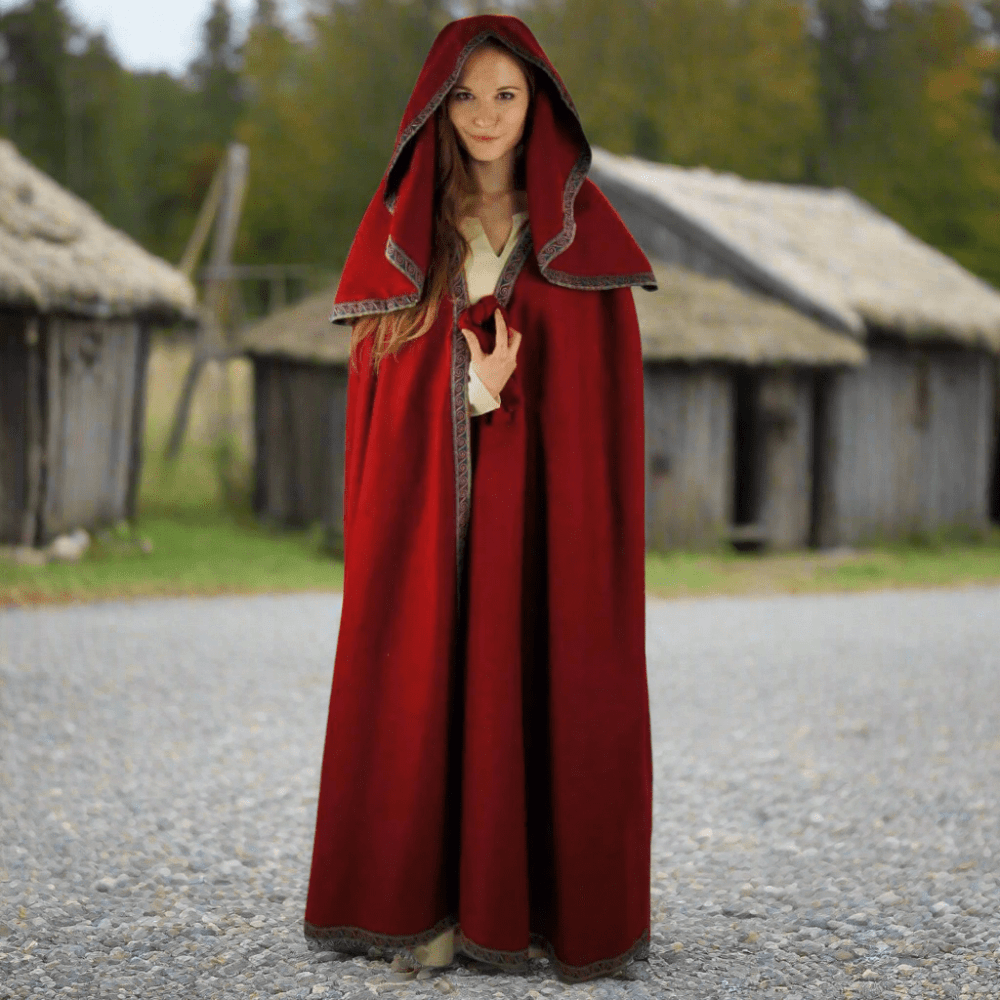 Pirate hooded wool cloak with hand-stitched embroidered borders, front view