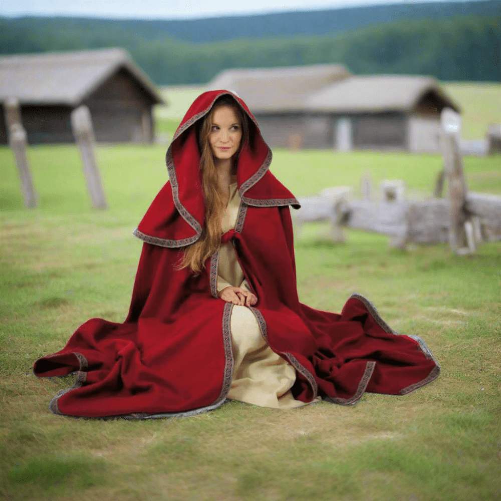 Pirate wool cloak worn with the long hood raised, showing the front string closure