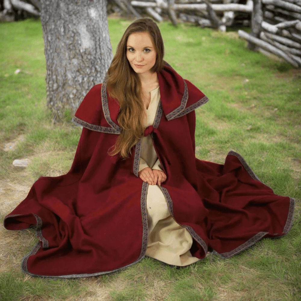 Close view of the pirate wool cloak hood and embroidered border detail