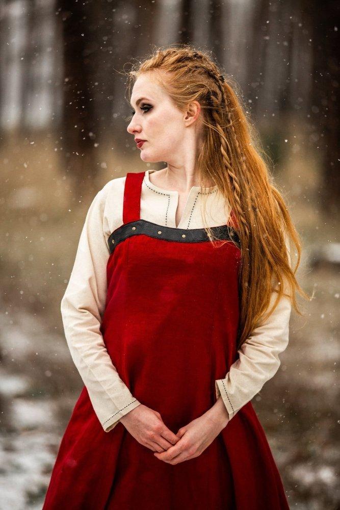 Red linen Pirate over dress, back view with tie closure
