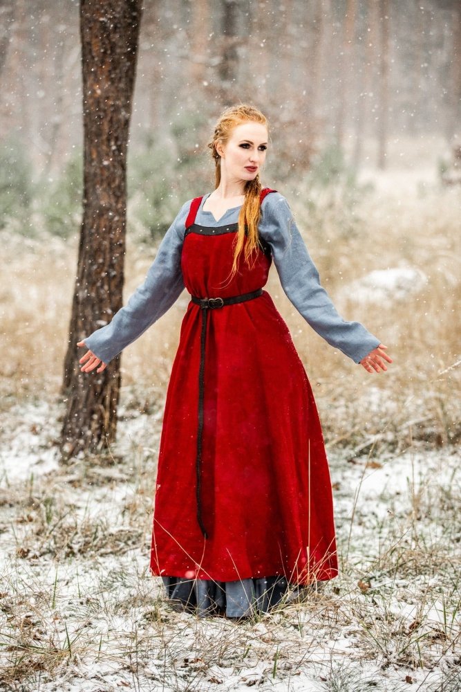 Red linen over dress layered over a shift with a belt