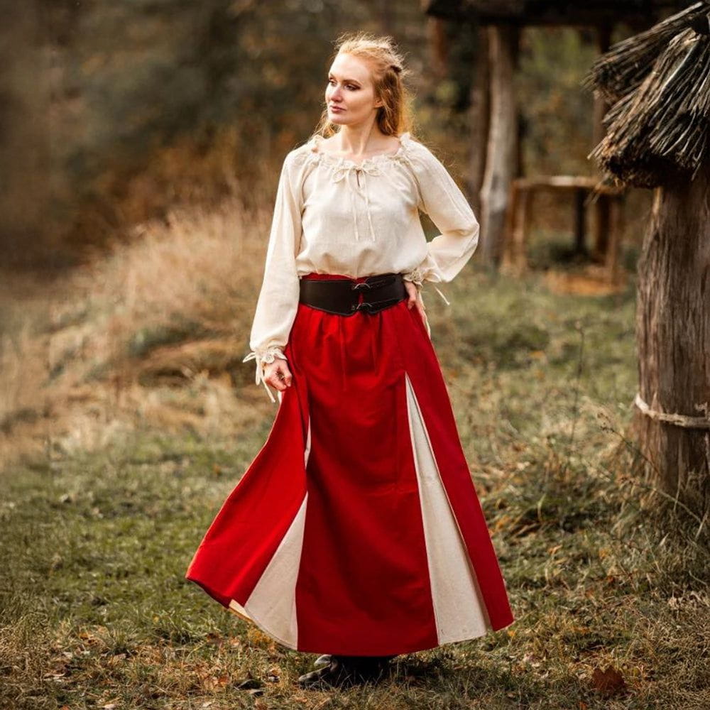 Red and natural ladies pirate skirt with lace-up front