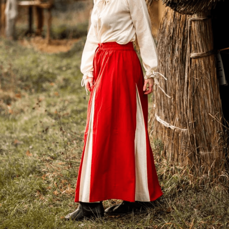 Side view of the red and natural ladies skirt