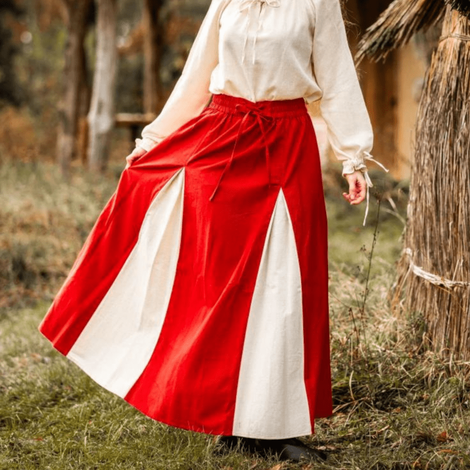 Close-up of the cotton-linen fabric in red and natural