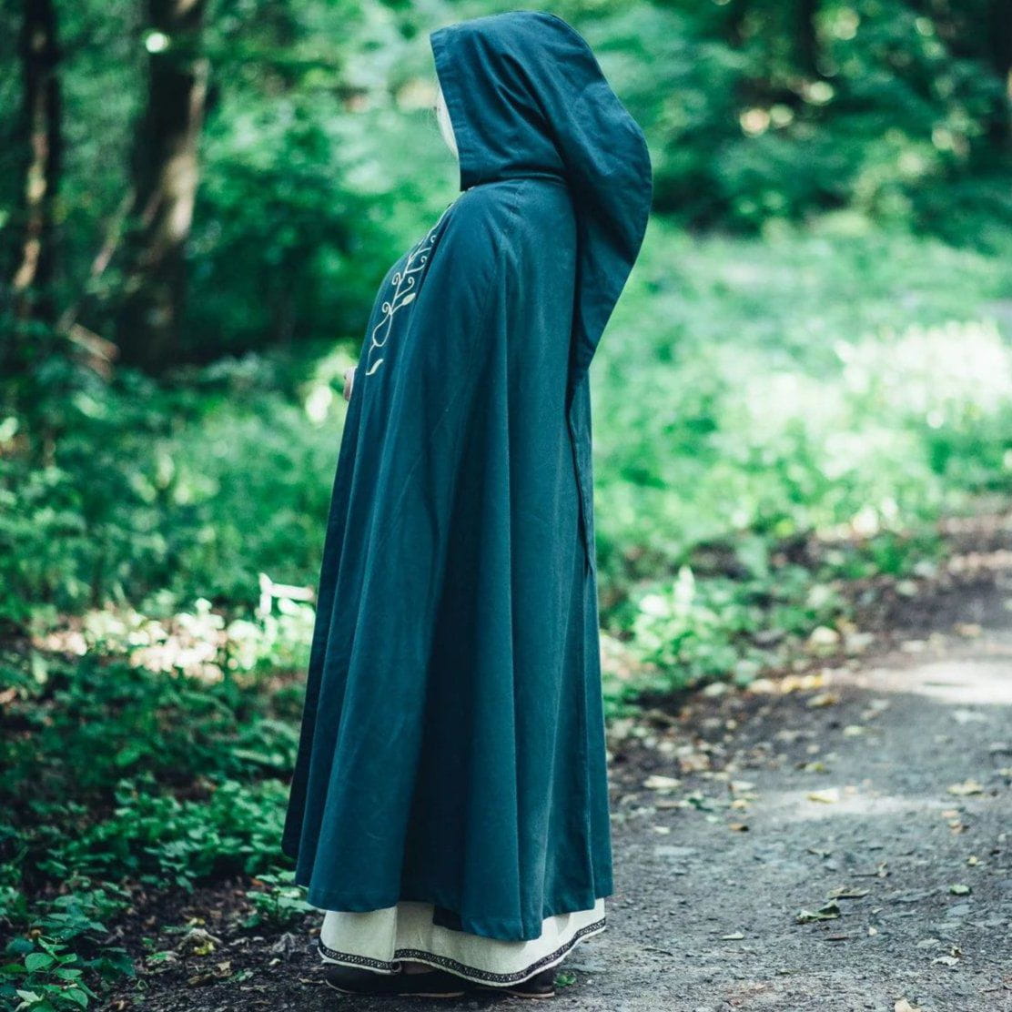 Embroidered hood on a red Pirate cloak