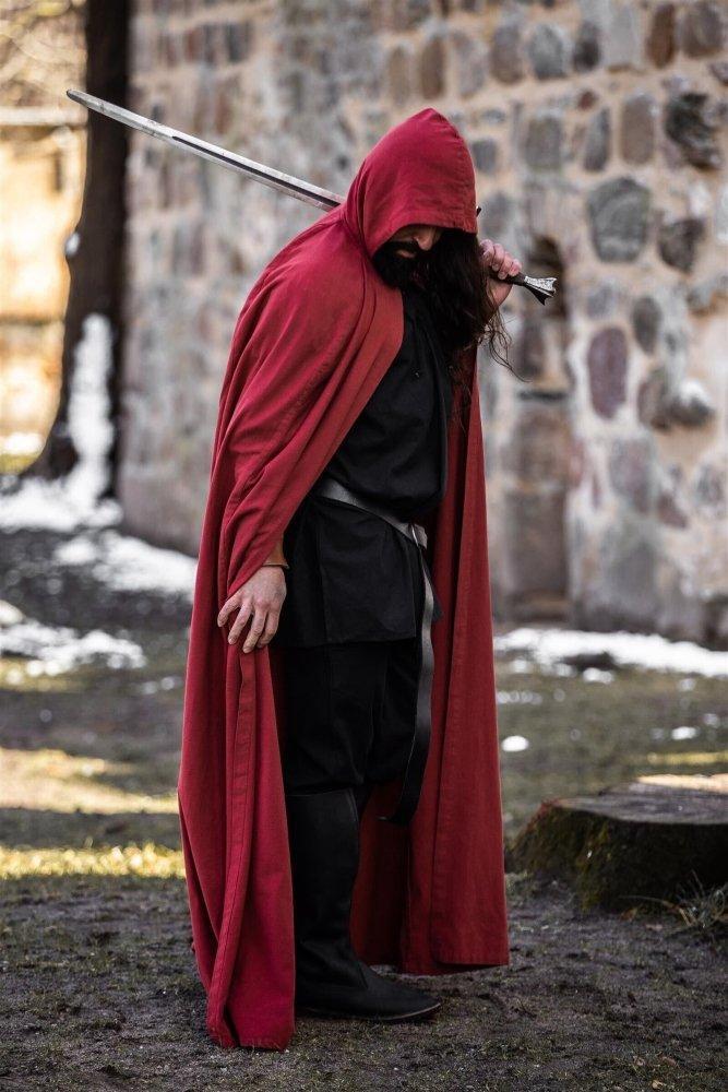 Close view of the hood on the red Pirate cloak