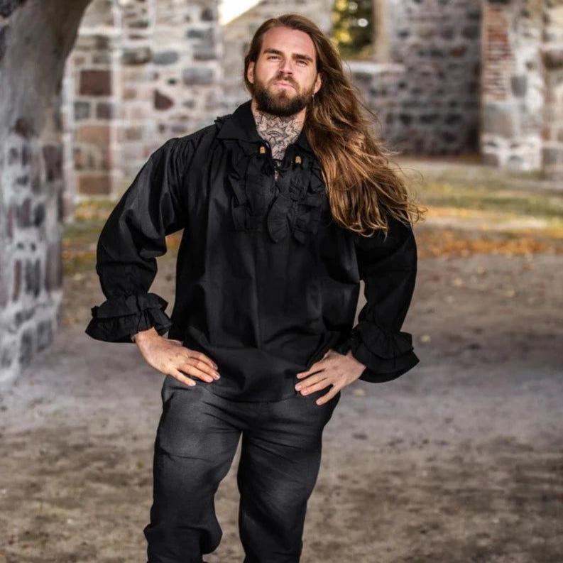 Long Sleeve Black Lace-Up Shirt | Ruffled Neckline with Wooden Button-1-Viking Warrior