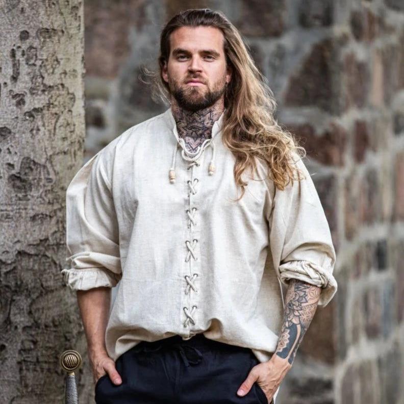 Laced Cotton Pirate Shirt | Continuous Cord Lacing | Wooden Buttons-Pirate Clothing Store