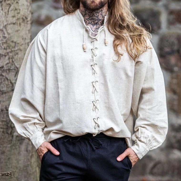 Laced Cotton Pirate Shirt | Continuous Cord Lacing | Wooden Buttons-Pirate Clothing Store