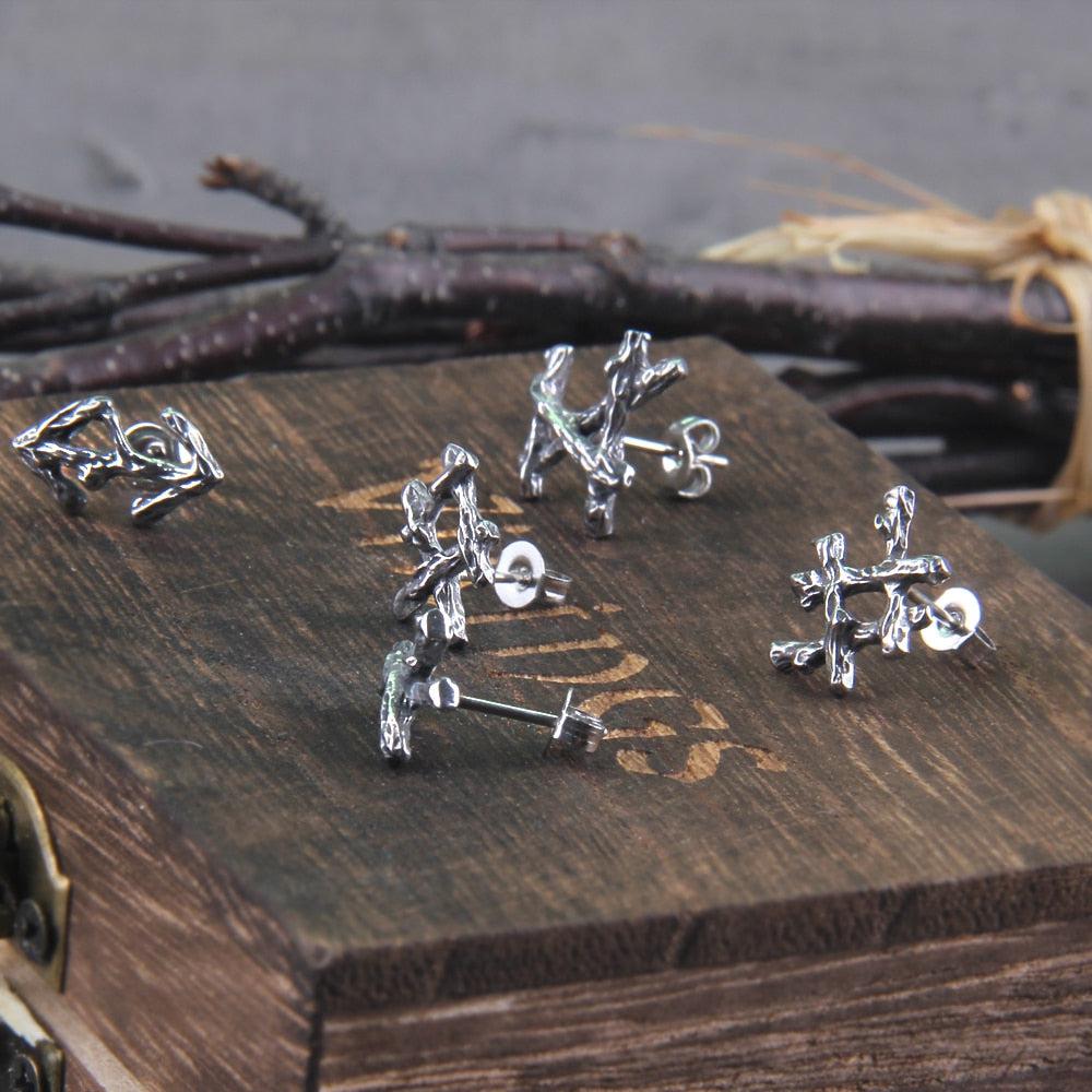Steel Branch Rune Stud Earrings-Pirate Clothing Store