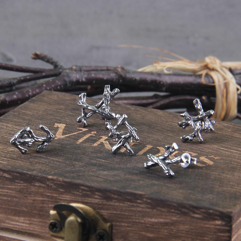 Steel Branch Rune Stud Earrings-Pirate Clothing Store