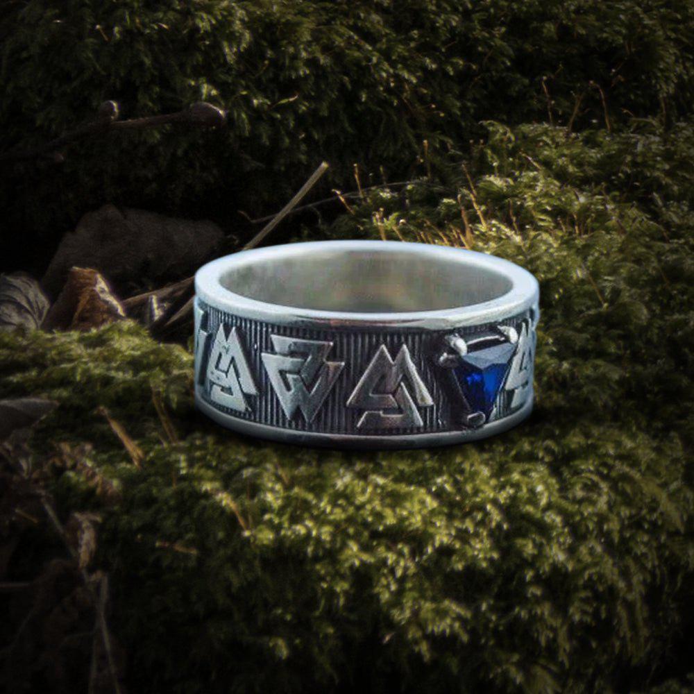 Sterling Silver Pirate Ring | Norse Valknut Symbol | Cubic Zirconia-Pirate Clothing Store