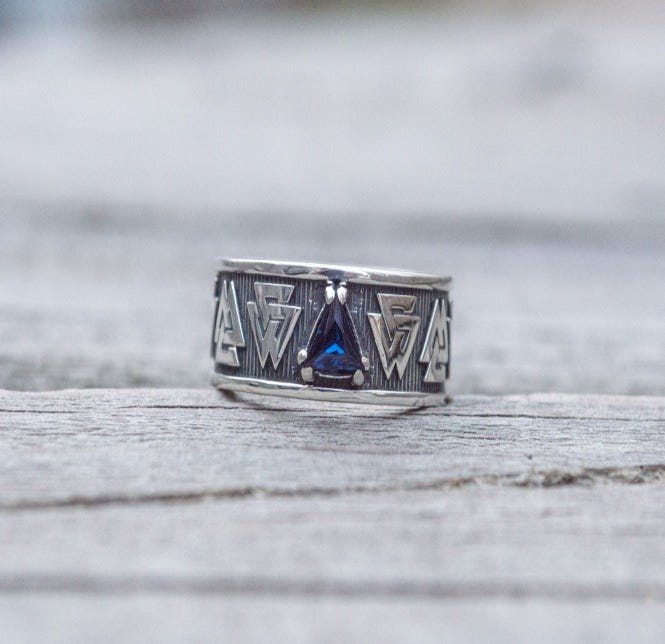 Sterling Silver Pirate Ring | Norse Valknut Symbol | Cubic Zirconia-Pirate Clothing Store